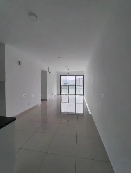 Room features: white painted walls, glossy tile flooring, large sliding glass door, natural light from large window, ceiling lights, open layout, neutral color scheme; style: modern; view: city.