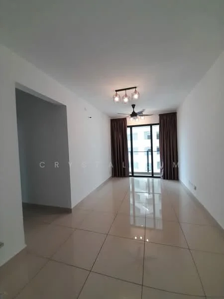 Living features: white painted walls, glossy ceramic tile flooring, 5-blade ceiling fan with light, floor-to-ceiling windows, sliding glass door, brown curtains, recessed downlights, open layout; style: modern.