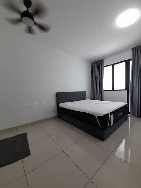 Bedroom features: queen-size bed, grey upholstered bed frame, white walls, light-colored tiled flooring, ceiling fan, floor-to-ceiling windows, blackout curtains, natural light from window, area rug; style: modern.