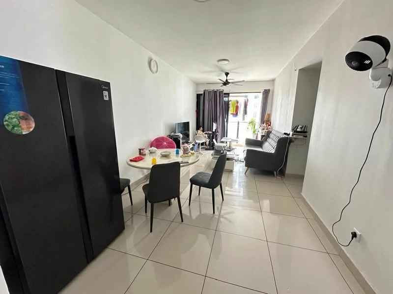 Living features: white painted walls, glossy tile flooring, 5-blade ceiling fan with light, sofa in grey fabric, coffee table, dining table with chairs, stainless-steel fridge, wall-mounted light fixture, curtains, decorative items on table; style: modern.