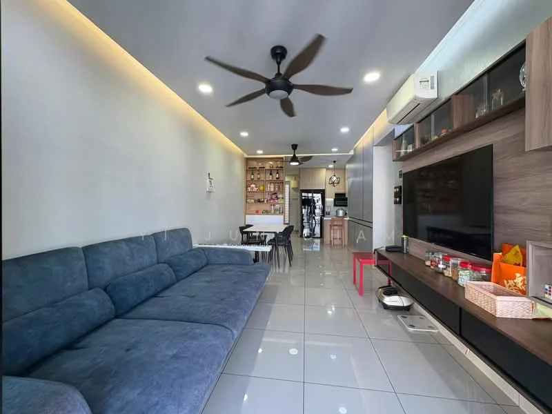 Living features: 3-seater fabric sofa in grey, ceiling fan, recessed LED downlights, wall-mounted TV, TV console, decorative items on shelves, open shelving with decorative items, dining table with chairs, glossy tile flooring, neutral painted walls, air conditioning unit; style: modern. Dining features: dining table with chairs; style: modern. Kitchen features: open kitchen layout, kitchen cabinetry, countertop, refrigerator visible in background; style: modern.