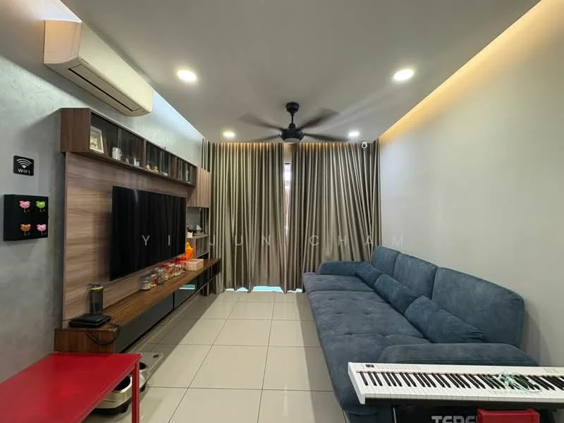 Living features: grey fabric L-shape sectional sofa, wall-mounted TV, wooden TV console, decorative wall panel, white tiled flooring, recessed LED downlights, 5-blade ceiling fan, floor-to-ceiling curtains, air conditioning unit, decorative items on shelves, keyboard instrument on floor; style: modern.