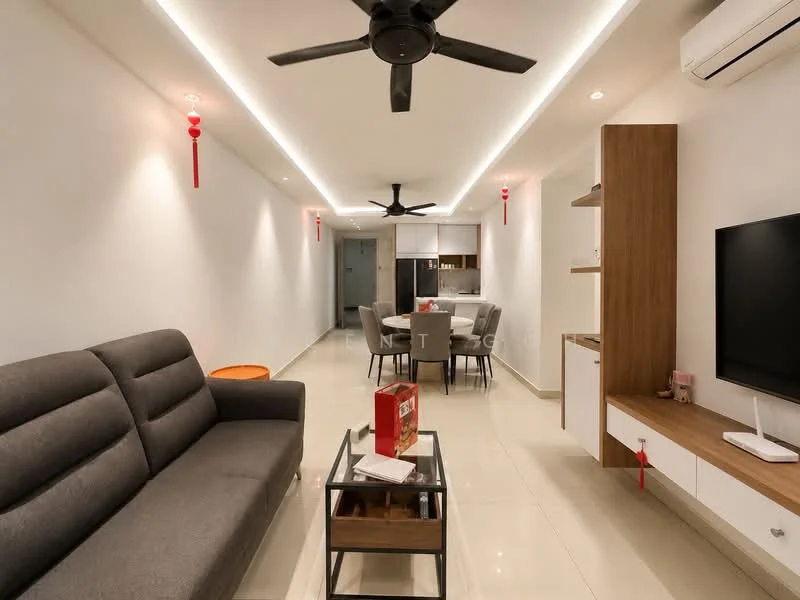 Living features: 3-seater fabric sofa in grey, coffee table, wall-mounted TV, TV console, ceiling fan with light, recessed LED downlights, white painted walls, glossy tile flooring, decorative wall shelving, open kitchen view, decorative red lanterns; style: modern.