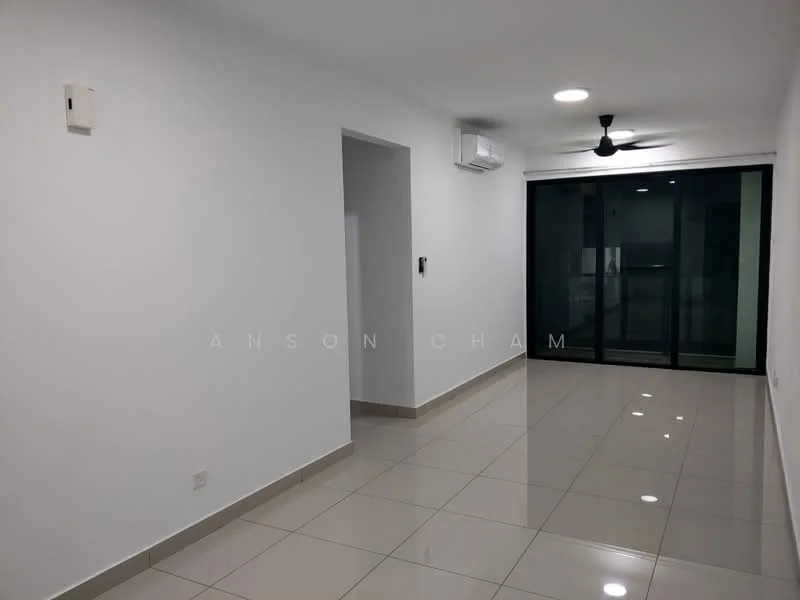 Living features: white painted walls, glossy ceramic tile flooring, 5-blade ceiling fan with light, wall-mounted split AC, floor-to-ceiling sliding glass door, access to balcony, neutral color scheme, recessed lighting; style: modern.