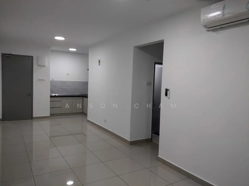 Room features: white painted walls, glossy ceramic tile flooring, recessed LED downlights, 1 wall-mounted split AC, grey cabinetry in kitchen area, kitchen countertop, open layout, doorway leading to another room; style: modern.