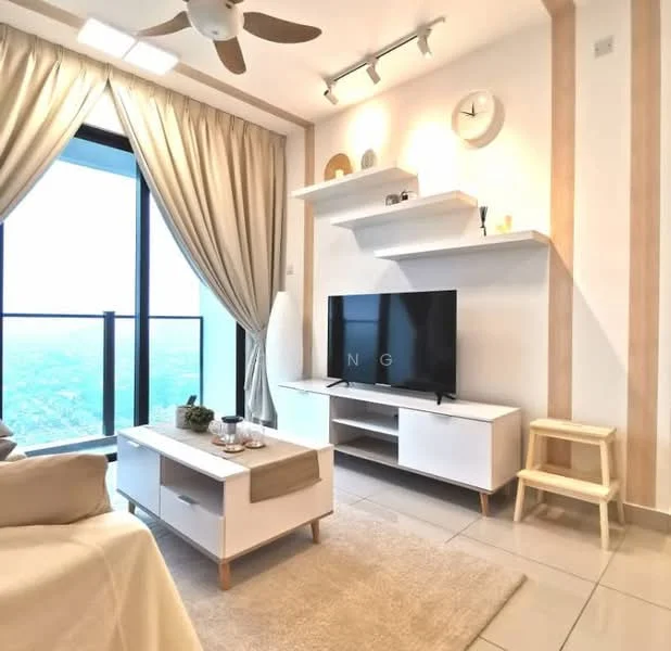 Living features: floor-to-ceiling windows, beige curtains, 3-blade ceiling fan, wall-mounted TV, white TV console, white shelving unit, light wood accent wall, beige area rug, cream sofa, decorative wall clock, small wooden stool, coffee table with decorative items; style: modern; view: city.