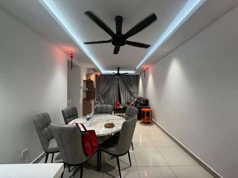 Dining features: round dining table, upholstered dining chairs, 5-blade ceiling fan with integrated LED light, grey painted walls, white ceiling with recessed lighting, tile flooring, curtains, decorative red lanterns, water bottle on table, red accent chair; style: modern.