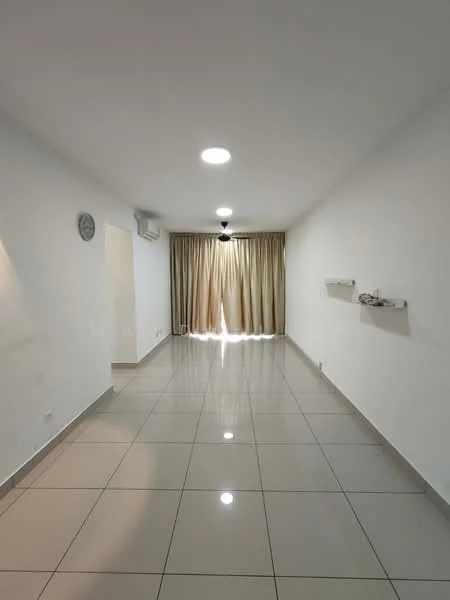 Living features: white painted walls, glossy ceramic tile flooring, recessed downlights, 5-blade ceiling fan with light, floor-to-ceiling windows, sheer curtains, wall clock, air conditioning unit, open space layout; style: modern.