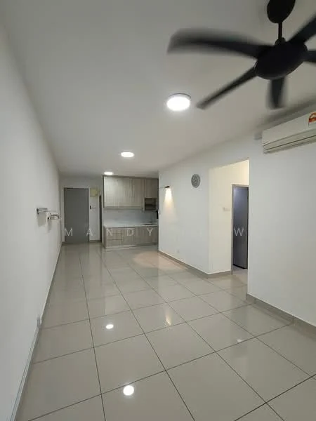 Living features: white painted walls, glossy ceramic tile flooring, 5-blade ceiling fan with light, recessed LED downlights, air conditioning unit, open layout, kitchen cabinetry visible in background, wall-mounted clock; style: modern.