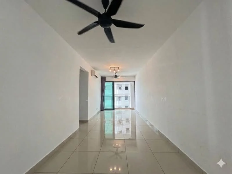 Living features: white painted walls, glossy ceramic tile flooring, 5-blade ceiling fan, recessed downlights, floor-to-ceiling windows, sliding glass door, curtains, open layout; style: modern.