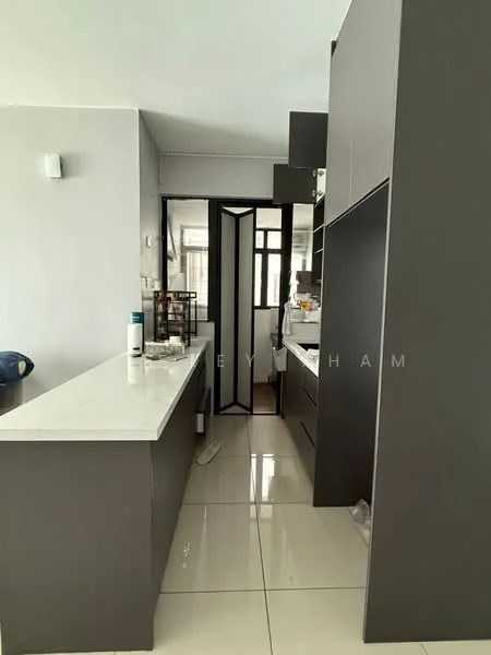 Kitchen features: grey cabinetry, white quartz countertop, single-bowl stainless-steel sink, chrome pull-down faucet, built-in oven, freestanding range oven, ceramic tile flooring, recessed downlights, open shelving, glass partition, wall-mounted storage, white painted walls; style: modern.