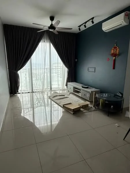 Living features: grey accent wall, white painted walls, glossy tile flooring, 5-blade ceiling fan, floor-to-ceiling windows, sheer curtains, TV console, decorative wall hanging, air conditioning unit; style: modern; view: city.
