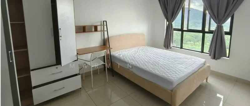 Bedroom features: queen-size bed with upholstered headboard, white mattress, study desk with chair, built-in wardrobe with sliding doors, white painted walls, floor-to-ceiling windows, curtains, tile flooring, mountain view; style: modern; view: mountain.