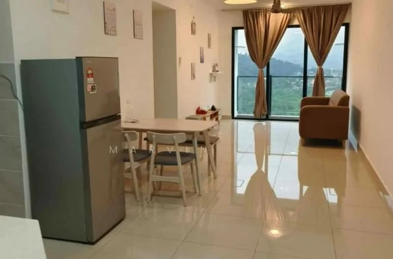 Living features: floor-to-ceiling windows, curtains, 3-seater fabric sofa in beige, dining table with 4 chairs, stainless-steel fridge, light-colored tiled flooring, recessed downlights, decorative wall art, open shelving, mountain view; style: modern; view: mountain.