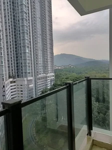 Room features: glass balcony railing, stone flooring, city view, mountain view, high-rise building in proximity, greenery visible below; style: modern; view: city.