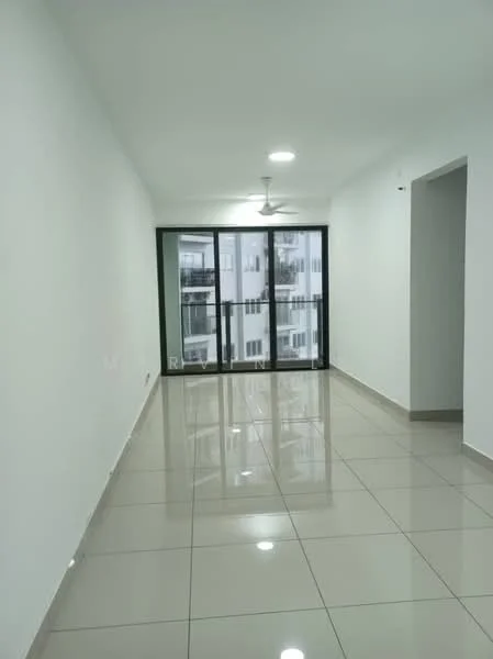 Living features: white painted walls, glossy ceramic tile flooring, 5-blade ceiling fan with light, floor-to-ceiling windows, sliding glass door, natural light from windows, neutral color scheme, open layout; style: modern.