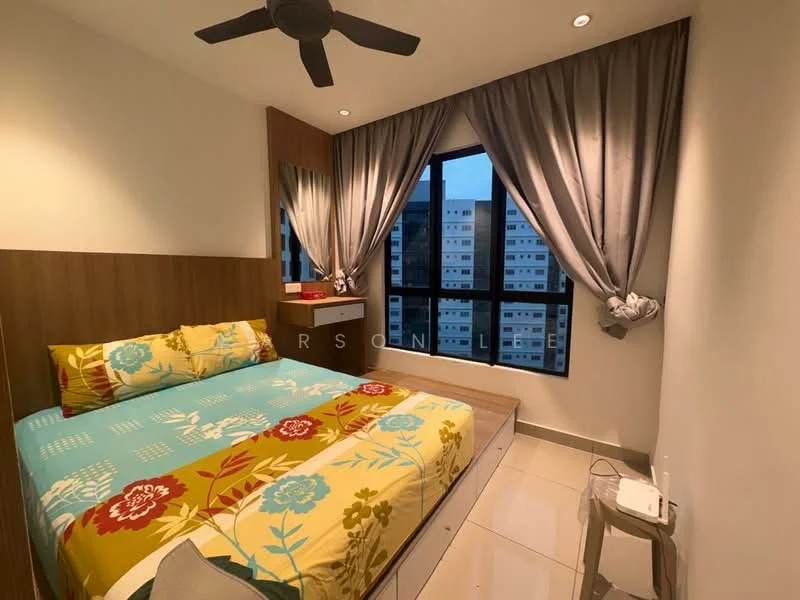 Bedroom features: queen-size bed with colorful bedding, wooden headboard, 2 bedside tables, floor-to-ceiling windows, grey curtains, ceiling fan, white walls, tile flooring, decorative wall paneling; style: modern; view: city.