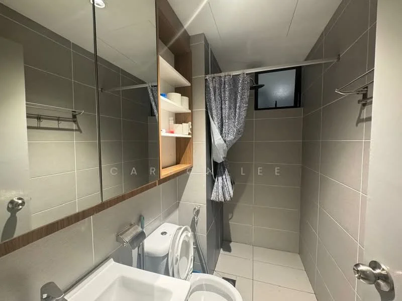 Bathroom features: white tiled walls, grey tiled flooring, single-sink vanity with wood cabinet, chrome basin mixer faucet, one-piece toilet, framed mirror, shower curtain, built-in shelving, towel rack, window with sheer curtain; style: modern.