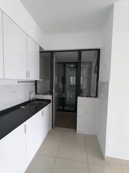 Kitchen features: white shaker cabinets, black granite countertop, ceramic tile flooring, stainless-steel sink, chrome pull-down faucet, glass door leading to another room, white tiled backsplash, recessed downlights; style: modern.
