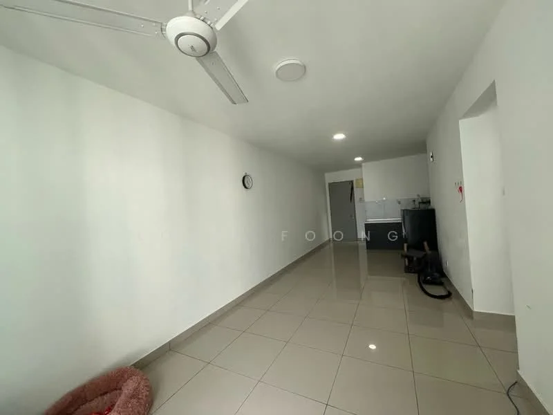 Living features: white painted walls, glossy ceramic tile flooring, recessed downlights, ceiling fan, wall clock, open layout, doorway leading to kitchen, large windows for natural light; style: modern.