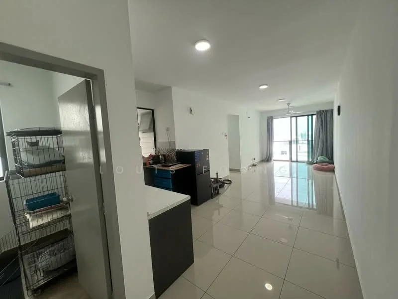 Living features: white painted walls, glossy tile flooring, recessed downlights, floor-to-ceiling windows, sliding glass door, ceiling fan, curtains, open layout, furniture, decorative items; style: modern; view: city. Kitchen features: white cabinetry, black countertop, stainless-steel sink, built-in appliances, kitchen island, open shelving; style: modern. Room features: door leading to another room, cage for pets, utility items.