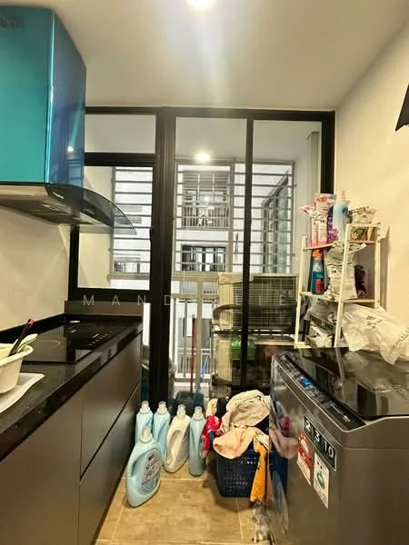 Laundry features: black granite countertop, stainless-steel sink, built-in cabinetry, front-load washing machine, open shelving, window with security grille, tile flooring, light fixture, laundry basket, detergent bottles; style: modern; view: courtyard.