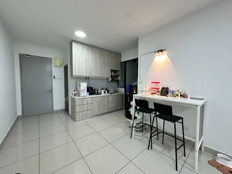 Kitchen features: white painted walls, light wood cabinetry, grey countertop, stainless-steel sink, chrome pull-down faucet, built-in oven, microwave, refrigerator, 4-burner gas hob, pendant light, tile flooring, open shelving, bar stools, dining table, kitchen appliances on countertop; style: modern.