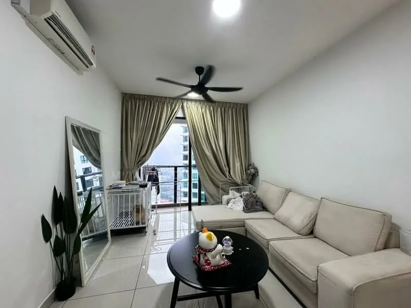 Living features: 3-seater fabric sofa in beige, black round coffee table, floor-to-ceiling windows, sheer curtains, 5-blade ceiling fan with light, white painted walls, glossy tile flooring, decorative mirror, indoor plant; style: modern; view: city.