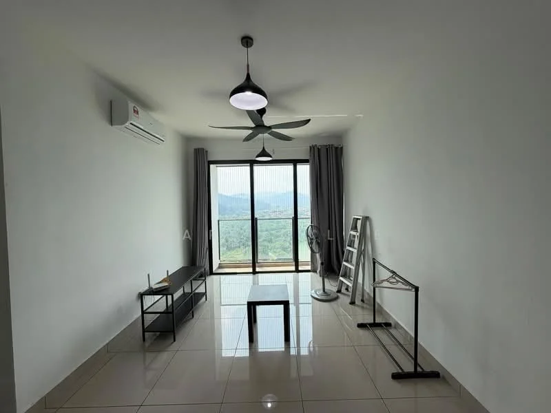Living features: white painted walls, glossy tile flooring, 5-blade ceiling fan with light, floor-to-ceiling windows, curtains, black TV console, small coffee table, ladder, clothes drying rack, standing fan; style: modern; view: mountain.