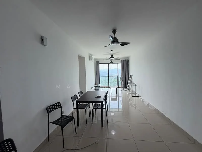 Dining features: white painted walls, glossy ceramic tile flooring, 5-blade ceiling fan with light, large sliding glass door, floor-to-ceiling windows, curtains, dining table, black dining chairs; style: modern; view: mountain.