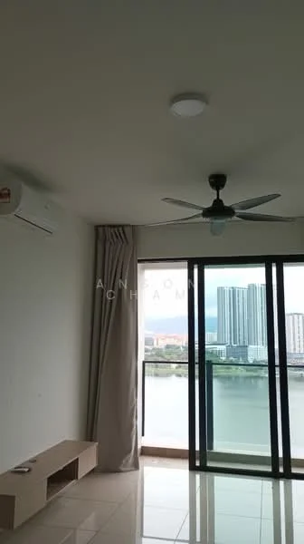Living features: floor-to-ceiling windows, sliding glass door, 5-blade ceiling fan with light, wall-mounted split AC, cream painted walls, glossy tile flooring, built-in TV console, curtains, view of city skyline; style: modern; view: city.