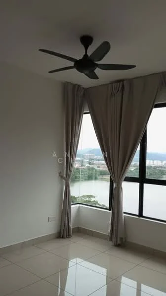 Room features: floor-to-ceiling windows, curtains, 5-blade ceiling fan, white painted walls, glossy tile flooring, lake view; style: modern; view: lake.