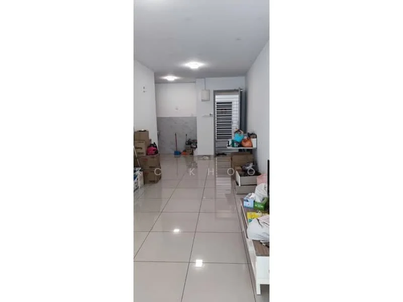 Room features: white painted walls, glossy ceramic tile flooring, recessed downlights, air conditioning unit, open layout, storage boxes, cleaning supplies, furniture pieces, neutral color scheme; style: modern.