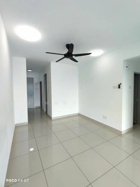 Room features: white painted walls, glossy ceramic tile flooring, 5-blade ceiling fan, recessed ceiling lights, open layout, neutral color scheme, hallway access, no visible furniture; style: modern.
