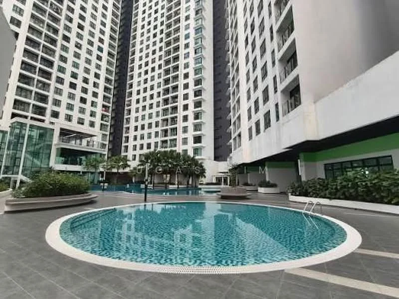 Exterior type: high-rise condominium; features: infinity pool, pool deck with loungers, landscaped garden area, glass curtain wall, balconies on upper floors, modern architectural design, surrounded by greenery, multiple storeys, outdoor seating area; style: modern.
