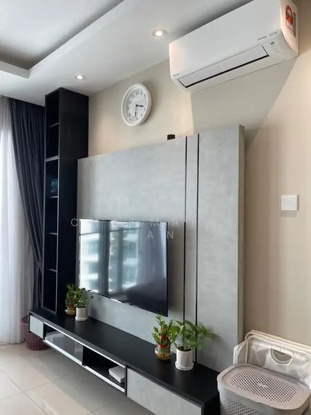Living features: wall-mounted TV, black TV console, grey feature wall, built-in shelving unit, clock on wall, 1 wall-mounted split AC, large window with sheer curtains, decorative plants on console; style: modern.