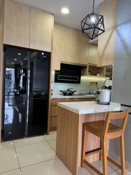 Kitchen features: wood cabinetry, white marble countertop, black built-in oven, black cooktop, stainless-steel sink, chrome pull-down faucet, recessed downlights, pendant light fixture, tile flooring, open shelving, bar stool, microwave, kitchen island; style: modern.