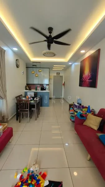 Living features: 2-seater fabric sofa in red, 3-seater fabric sofa in red, ceiling fan with 5 blades, recessed LED downlights, wall-mounted artwork with floral design, dining table with 4 chairs, tile flooring, curtains on windows, open kitchen layout, kitchen island with bar stools, kitchen cabinetry in light color, kitchen appliances visible; style: modern.
