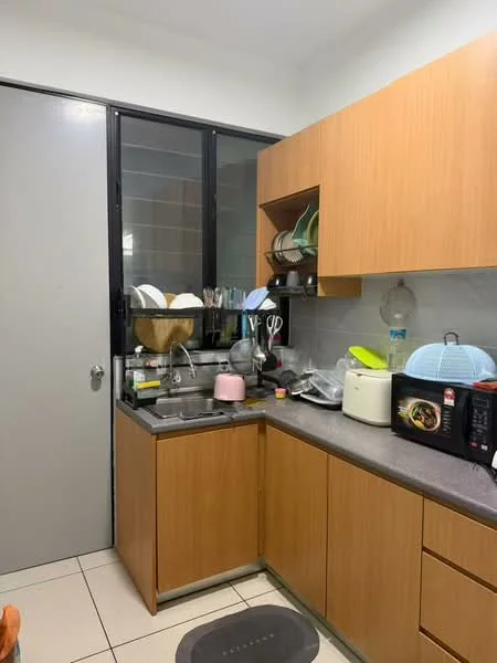 Kitchen features: brown wooden cabinetry, grey countertop, single-bowl stainless-steel sink, chrome pull-down faucet, microwave, rice cooker, kettle, dish rack with plates, wall-mounted shelves, tile flooring, grey painted walls, window with black frame; style: modern.