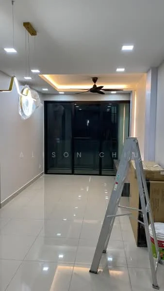 Living features: white painted walls, glossy ceramic tile flooring, recessed LED downlights, pendant lamp, 5-blade ceiling fan, floor-to-ceiling sliding glass door, balcony view, crown moulding, decorative ceiling, ladder, boxes, open space; style: modern.