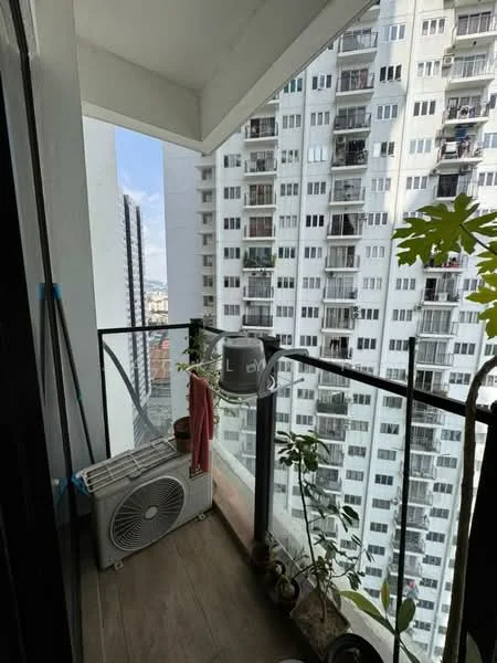 Room features: balcony, glass railing, floor-to-ceiling windows, outdoor air conditioning unit, wooden flooring, potted plants, clothes drying rack, city view; style: modern; view: city.