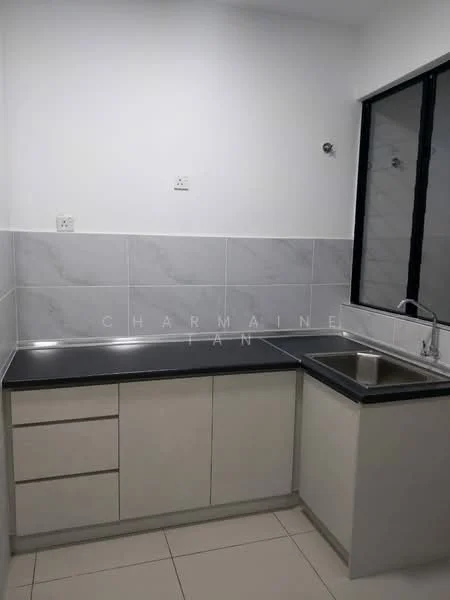 Kitchen features: single-bowl stainless-steel sink, chrome pull-down faucet, grey countertop, white cabinetry, ceramic tile backsplash, white walls, grey tile flooring, window with black frame; style: modern.