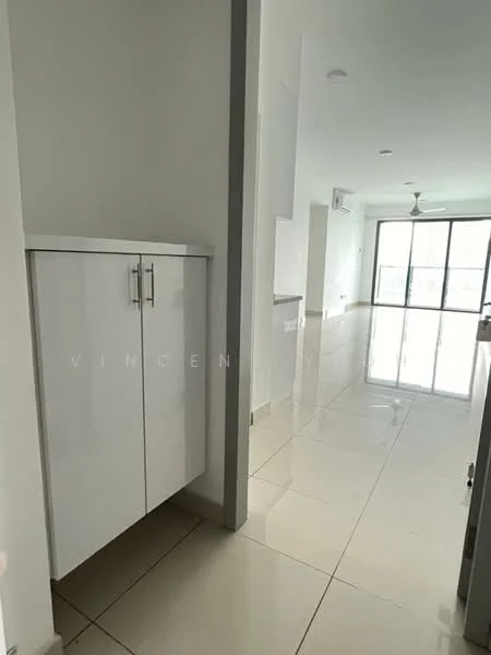 Room features: white painted walls, glossy ceramic tile flooring, built-in cabinet with white finish, ceiling fan, large windows for natural light, open layout, neutral color scheme, air conditioning unit; style: modern.