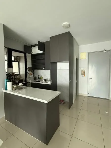 Kitchen features: grey cabinetry, white marble countertop, stainless-steel sink, chrome pull-down faucet, built-in oven, freestanding range oven, ceramic tile flooring, recessed downlights, open shelving, wall-mounted cabinets, white backsplash, kitchen island; style: modern.