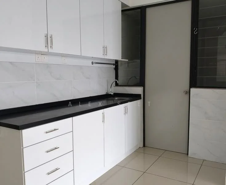 Kitchen features: white cabinetry with flat-panel doors, black countertop, single-bowl stainless-steel sink, chrome pull-down faucet, white marble tile backsplash, ceramic tile flooring, window with black frame, built-in storage drawers; style: modern.