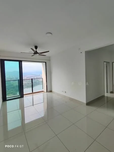 Living features: large floor-to-ceiling windows, sliding glass door, 5-blade ceiling fan, white painted walls, glossy ceramic tile flooring, neutral color scheme, balcony access, city view; style: modern; view: city.