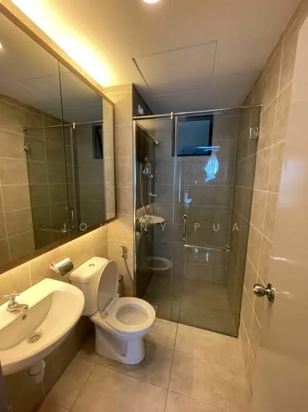 Bathroom features: single-sink vanity with white cabinet, chrome basin mixer faucet, framed mirror, one-piece toilet, walk-in shower with glass enclosure, rain shower head, tile cladding on walls, ceramic tile flooring, recessed downlights; style: modern.