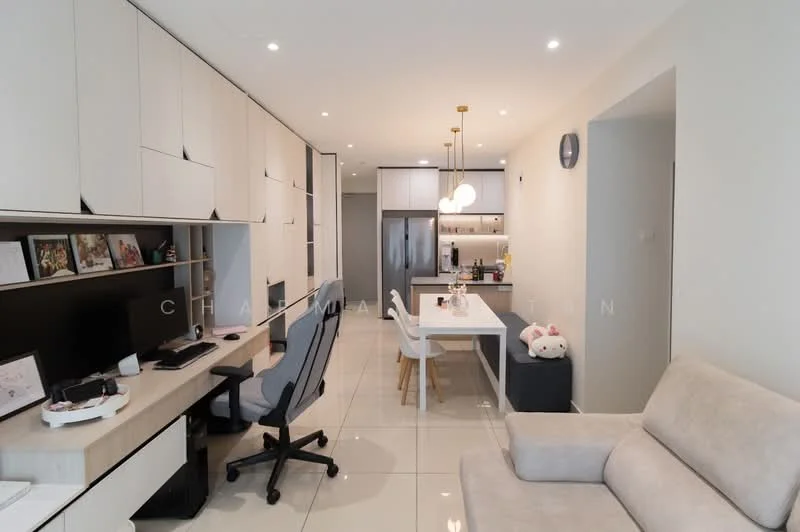Living features: light grey sofa, white dining table, 4 upholstered dining chairs, built-in cabinetry with white finish, black office desk, ergonomic office chair, refrigerator, pendant lighting, recessed downlights, ceramic tile flooring, neutral wall color, decorative items on shelves, wall clock; style: modern.