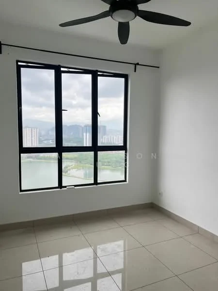 Room features: floor-to-ceiling windows, black window frames, white painted walls, ceiling fan, glossy tile flooring, city view, mountain view; style: modern; view: city.