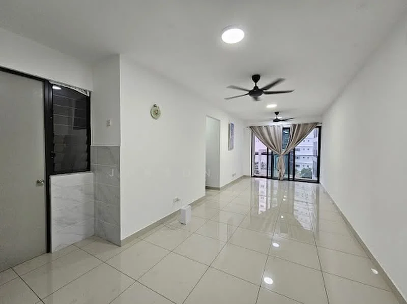 Living features: white painted walls, glossy ceramic tile flooring, recessed downlights, 2-blade ceiling fan, floor-to-ceiling windows, sheer curtains, balcony door, open layout; style: modern; view: city. Room features: grey tiled wall, door leading to unknown room.